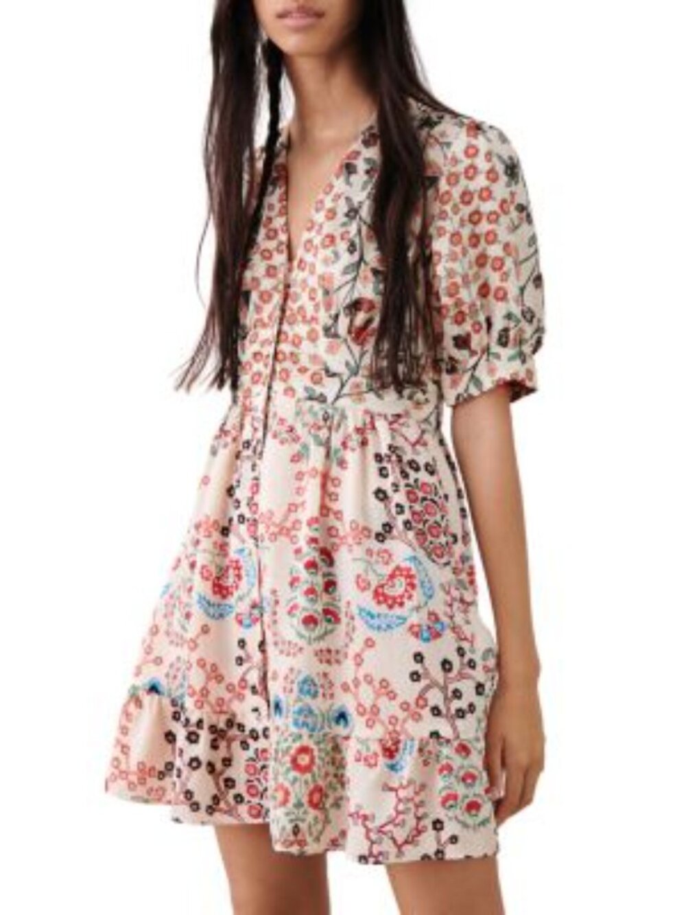BA&SH Ganiela Floral Printed Mini Button Dress Ecru Size Small